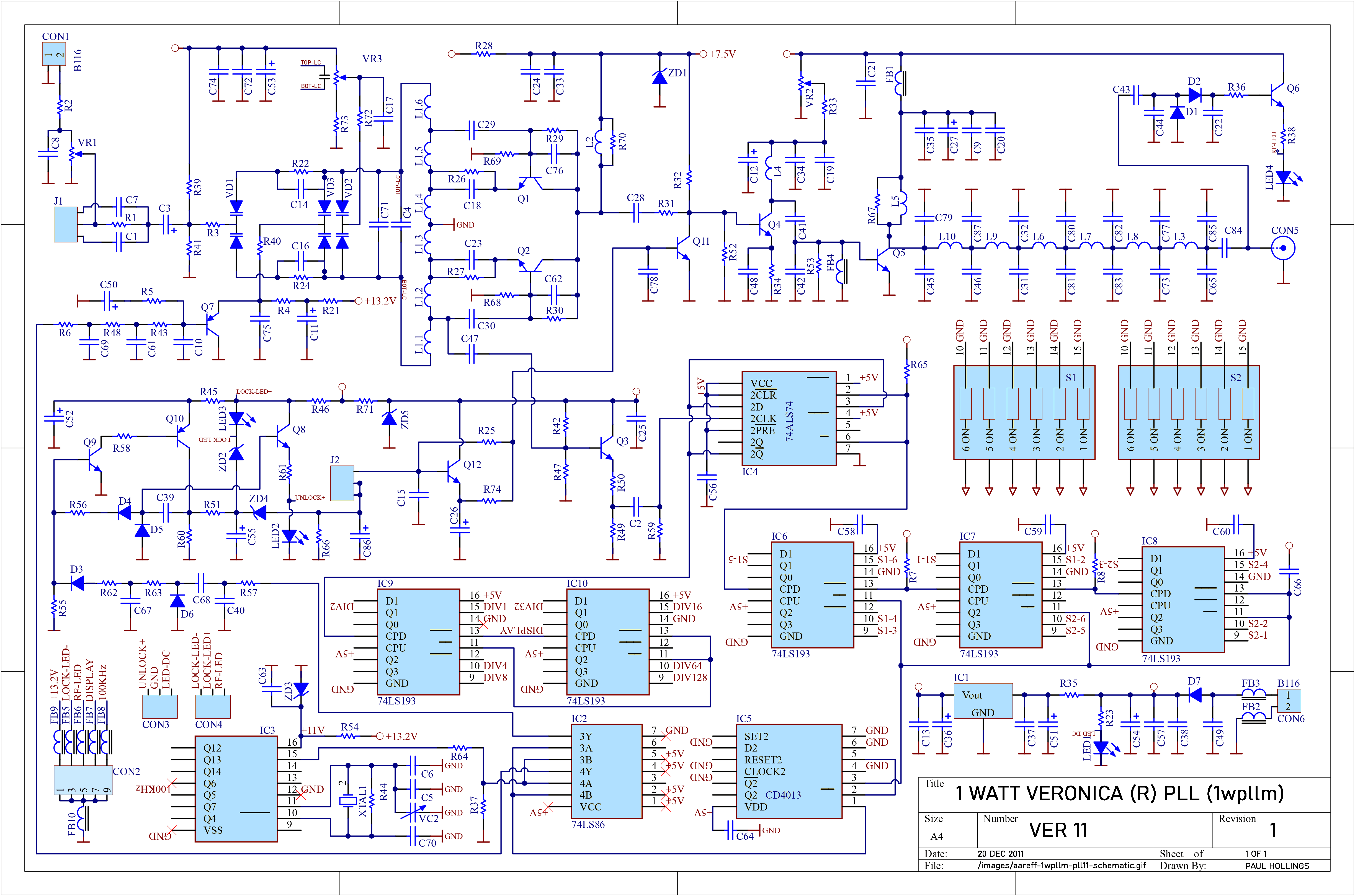 Veronica 1W PLL FM Transmitter Version 11 PCB Layout designed by Paul Hollings